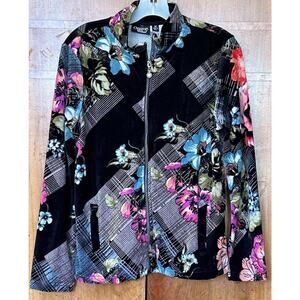 Onque Casuals Velour Floral Long Sleeve Stand Up Collar Jacket Size L Y2K Vibe